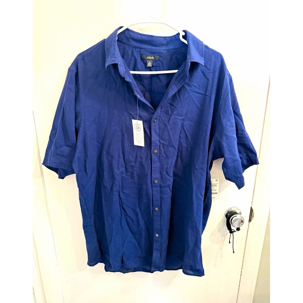 Preppy Alfani Men's L Regular Blue Cotton Woven Short Sleeve Button-Up Shirt NWT